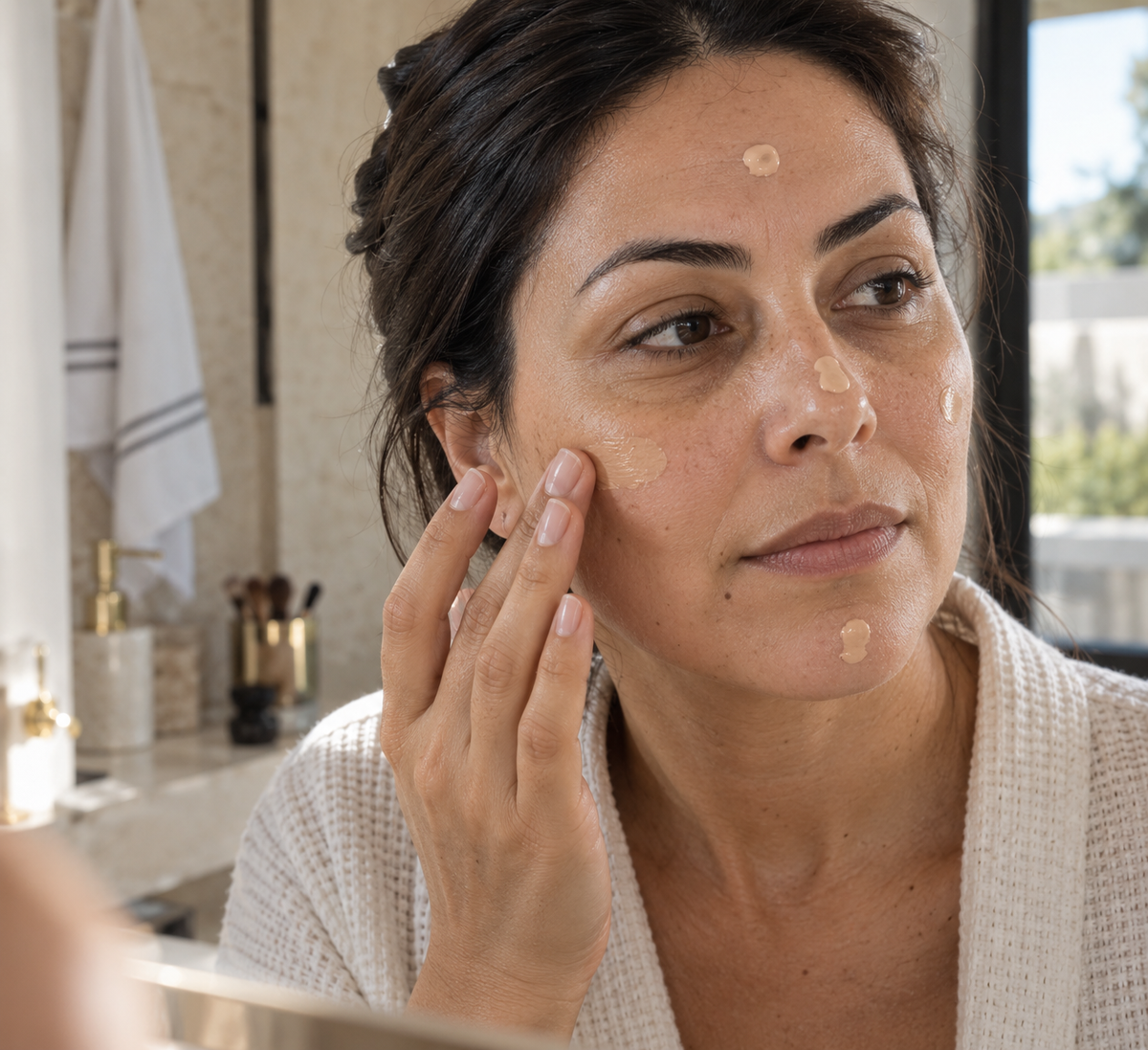 Illustration du début de l’application d’un soin teinté sur le visage.