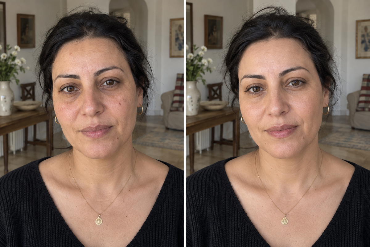 Simulation visuelle en deux portraits : à gauche, des variations de teint ; à droite, un rendu plus uniforme.