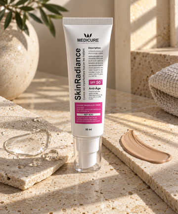 SkinRadiance présenté avec une texture de gel et une touche de crème teintée.