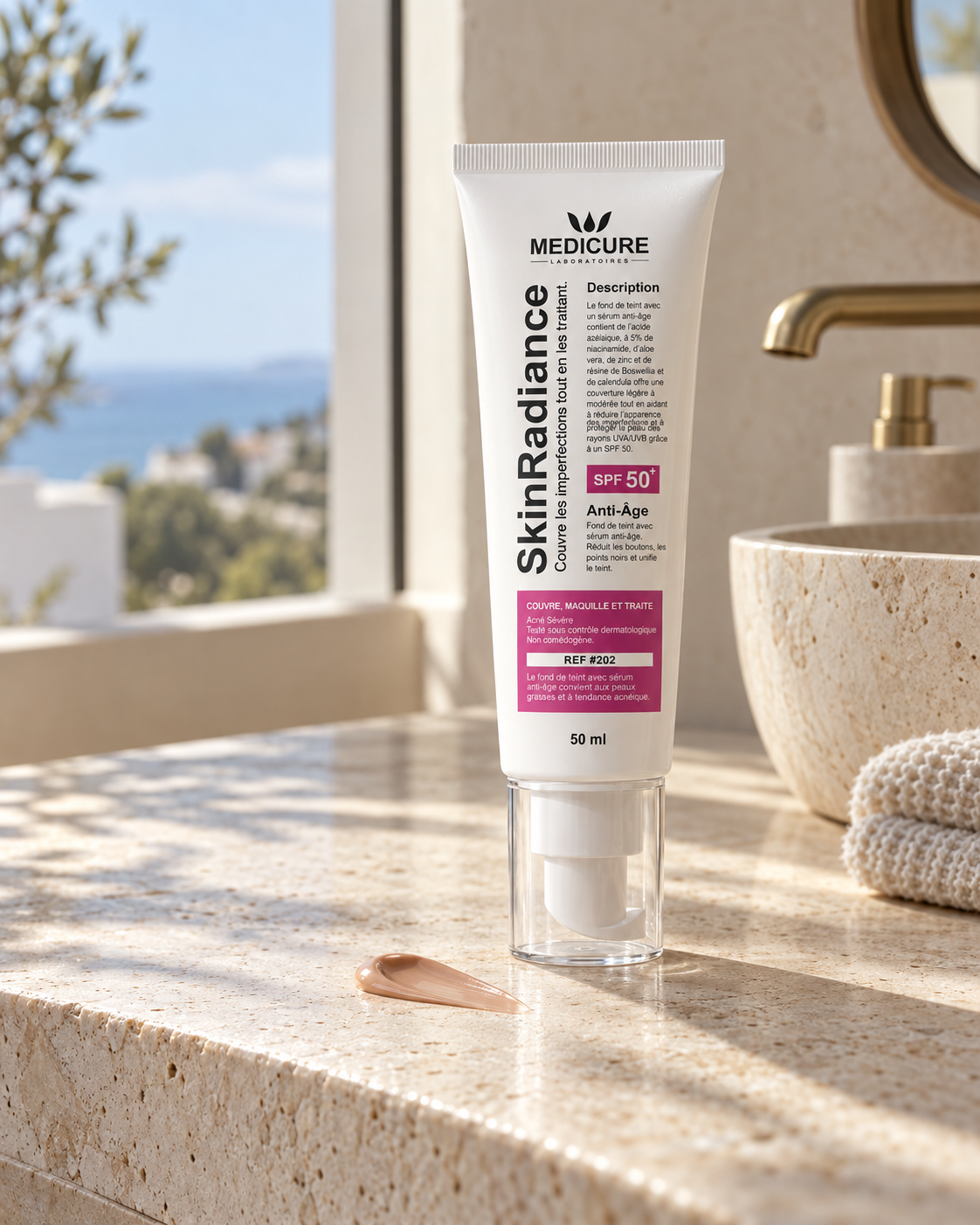 SkinRadiance Anti-Âge SPF 50+, tube de 50 ml dans une salle de bain lumineuse.