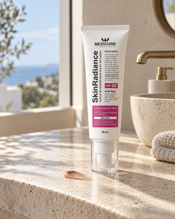 SkinRadiance Anti-Âge SPF 50+, tube de 50 ml dans une salle de bain lumineuse.