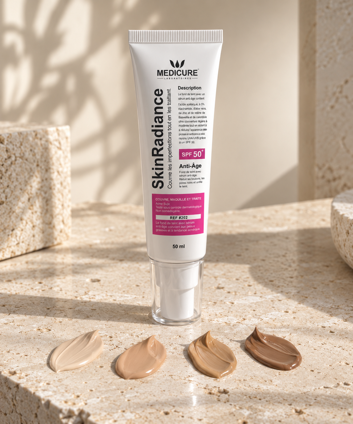 SkinRadiance avec quatre touches de teintes sur une pierre claire.