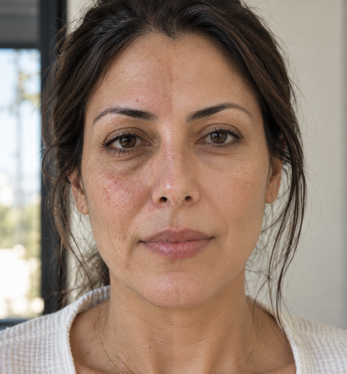 Simulation visuelle d’un visage divisé : rougeurs plus présentes à gauche, teint plus uniforme à droite.