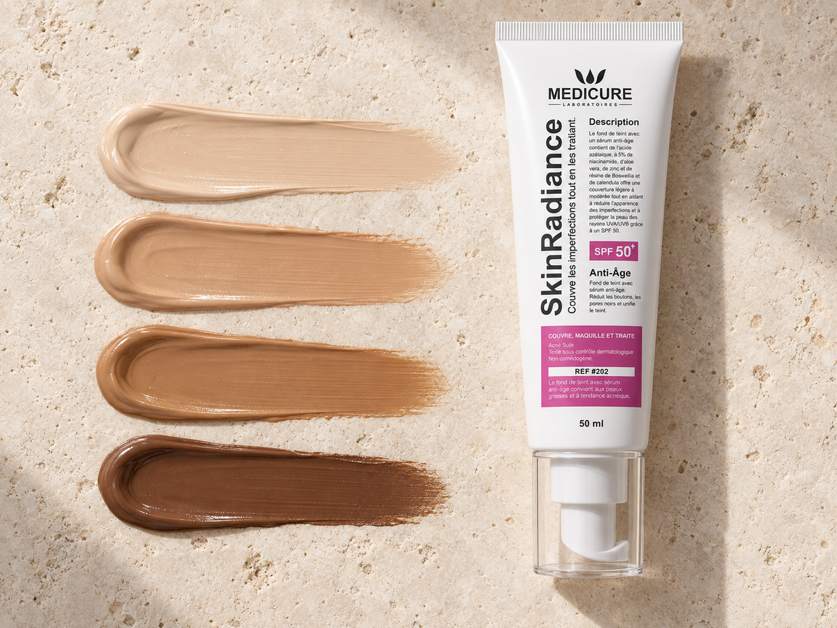 Quatre nuances de texture teintée présentées à côté de SkinRadiance.