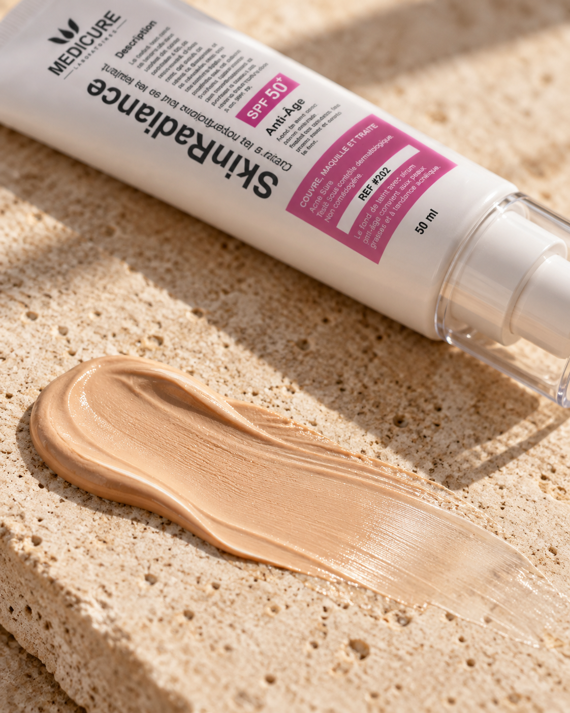Gros plan du tube SkinRadiance et de sa texture teintée.